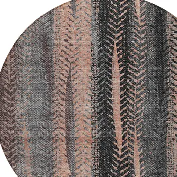 8' Blue Charcoal And Copper Round Botanical Leaves Washable Indoor Outdoor Area Rug