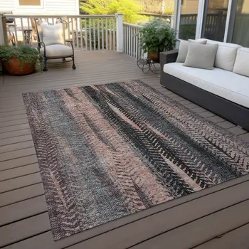 10' X 14' Blue Charcoal And Copper Botanical Leaves Washable Indoor Outdoor Area Rug