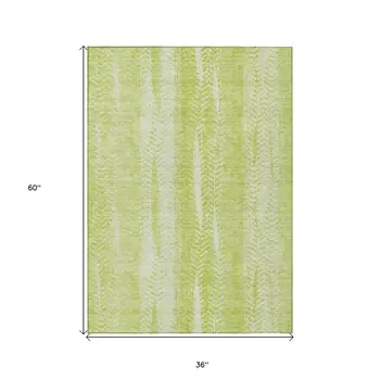 3' X 5' Artichoke Green And Ivory Botanical Leaves Washable Indoor Outdoor Area Rug
