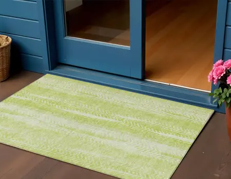 3' X 5' Artichoke Green And Ivory Botanical Leaves Washable Indoor Outdoor Area Rug