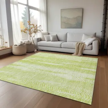 3' X 5' Artichoke Green And Ivory Botanical Leaves Washable Indoor Outdoor Area Rug