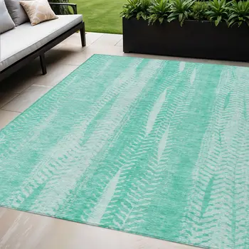 5' X 8' Aqua Teal Blue And Ivory Botanical Leaves Washable Indoor Outdoor Area Rug