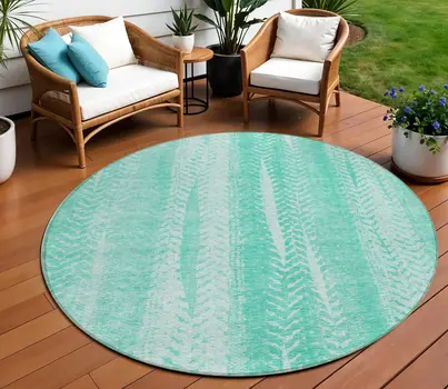 8' Aqua Teal Blue And Ivory Round Botanical Leaves Washable Indoor Outdoor Area Rug