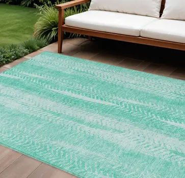 9' X 12' Aqua Teal Blue And Ivory Botanical Leaves Washable Indoor Outdoor Area Rug