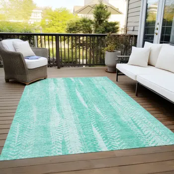 9' X 12' Aqua Teal Blue And Ivory Botanical Leaves Washable Indoor Outdoor Area Rug