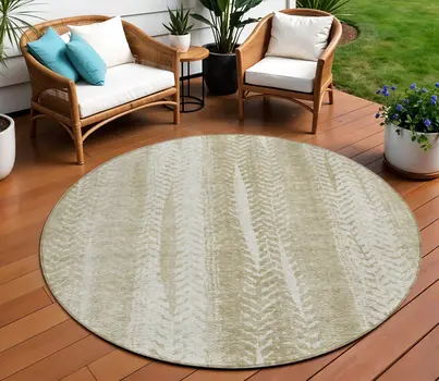 8' Beige Tan And Taupe Round Botanical Leaves Washable Indoor Outdoor Area Rug