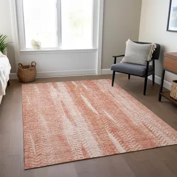 3' X 5' Orange And Salmon Botanical Leaves Washable Indoor Outdoor Area Rug