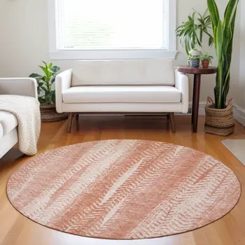 8' Orange And Salmon Round Botanical Leaves Washable Indoor Outdoor Area Rug