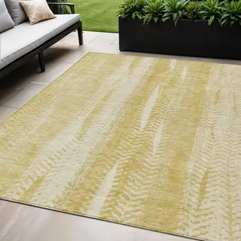 5' X 8' Gold Wheat And Ivory Botanical Leaves Washable Indoor Outdoor Area Rug