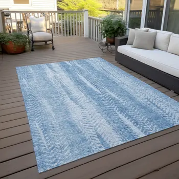 3' X 5' Sky Blue And Denim Blue Botanical Leaves Washable Indoor Outdoor Area Rug