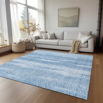3' X 5' Sky Blue And Denim Blue Botanical Leaves Washable Indoor Outdoor Area Rug