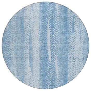8' Sky Blue And Denim Blue Round Botanical Leaves Washable Indoor Outdoor Area Rug