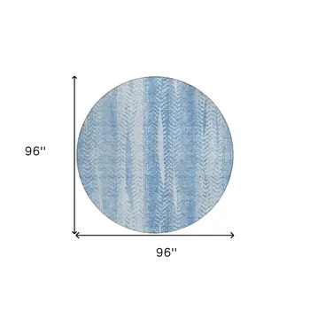 8' Sky Blue And Denim Blue Round Botanical Leaves Washable Indoor Outdoor Area Rug