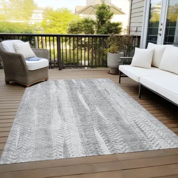 5' X 8' Silver Gray And Graphite Botanical Leaves Washable Indoor Outdoor Area Rug