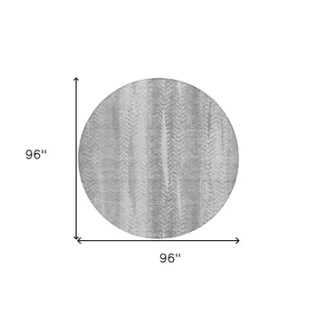 8' Silver Gray And Graphite Round Botanical Leaves Washable Indoor Outdoor Area Rug