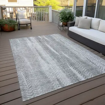 8' X 10' Silver Gray And Graphite Botanical Leaves Washable Indoor Outdoor Area Rug