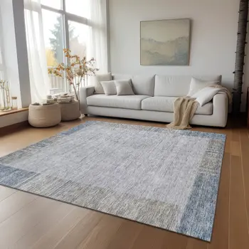 3' X 5' Taupe Beige And Blue Geometric Washable Indoor Outdoor Area Rug