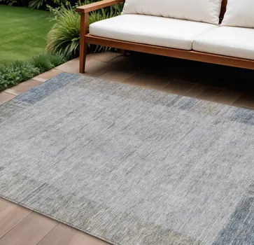 9' X 12' Taupe Beige And Blue Geometric Washable Indoor Outdoor Area Rug