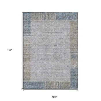 10' X 14' Taupe Beige And Blue Geometric Washable Indoor Outdoor Area Rug