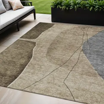 5' X 8' Brown Taupe And Beige Abstract Washable Indoor Outdoor Area Rug
