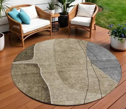 8' Brown Taupe And Beige Round Abstract Washable Indoor Outdoor Area Rug