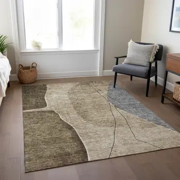 9' X 12' Brown Taupe And Beige Abstract Washable Indoor Outdoor Area Rug