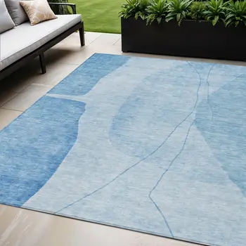 5' X 8' Denim Blue And Sky Blue Abstract Washable Indoor Outdoor Area Rug