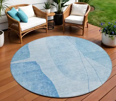 8' Denim Blue And Sky Blue Round Abstract Washable Indoor Outdoor Area Rug