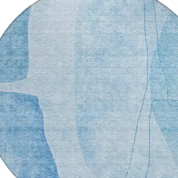 8' Denim Blue And Sky Blue Round Abstract Washable Indoor Outdoor Area Rug