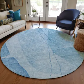 8' Denim Blue And Sky Blue Round Abstract Washable Indoor Outdoor Area Rug