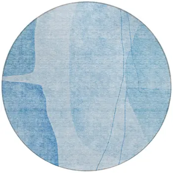 8' Denim Blue And Sky Blue Round Abstract Washable Indoor Outdoor Area Rug