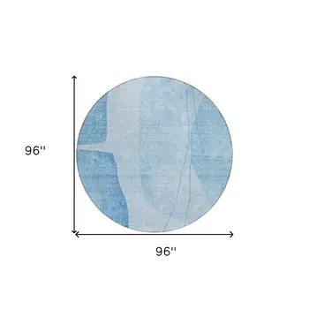 8' Denim Blue And Sky Blue Round Abstract Washable Indoor Outdoor Area Rug