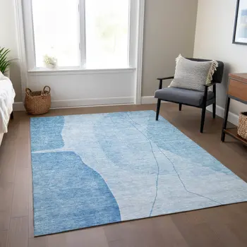 8' X 10' Denim Blue And Sky Blue Abstract Washable Indoor Outdoor Area Rug