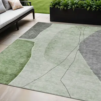 3' X 5' Olive Green And Gray Abstract Washable Indoor Outdoor Area Rug