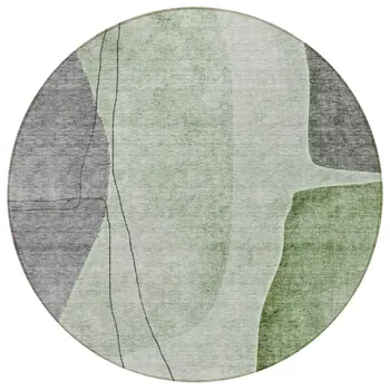8' Olive Green And Gray Round Abstract Washable Indoor Outdoor Area Rug