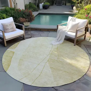 8' Gold Wheat And Beige Round Abstract Washable Indoor Outdoor Area Rug