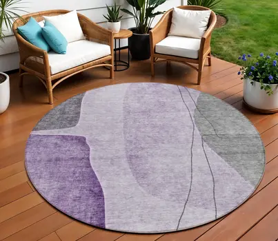 8' Purple Eggplant And Gray Round Abstract Washable Indoor Outdoor Area Rug