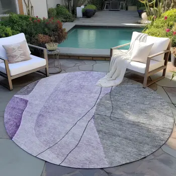 8' Purple Eggplant And Gray Round Abstract Washable Indoor Outdoor Area Rug