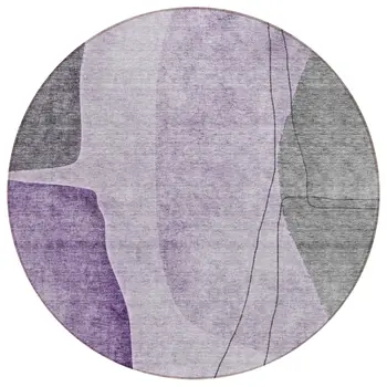 8' Purple Eggplant And Gray Round Abstract Washable Indoor Outdoor Area Rug