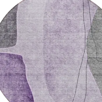 8' Purple Eggplant And Gray Round Abstract Washable Indoor Outdoor Area Rug