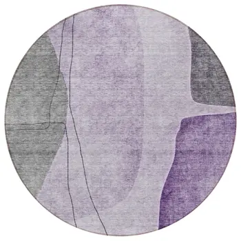 8' Purple Eggplant And Gray Round Abstract Washable Indoor Outdoor Area Rug