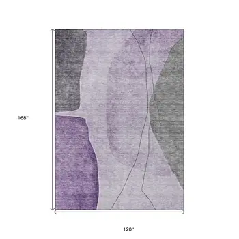 10' X 14' Purple Eggplant And Gray Abstract Washable Indoor Outdoor Area Rug