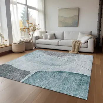 5' X 8' Teal Blue Aqua And Gray Abstract Washable Indoor Outdoor Area Rug
