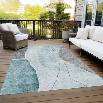 5' X 8' Teal Blue Aqua And Gray Abstract Washable Indoor Outdoor Area Rug