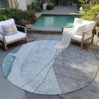 8' Teal Blue Aqua And Gray Round Abstract Washable Indoor Outdoor Area Rug