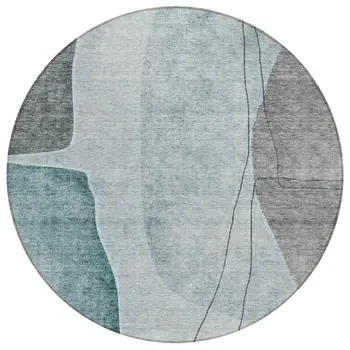 8' Teal Blue Aqua And Gray Round Abstract Washable Indoor Outdoor Area Rug