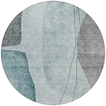 8' Teal Blue Aqua And Gray Round Abstract Washable Indoor Outdoor Area Rug