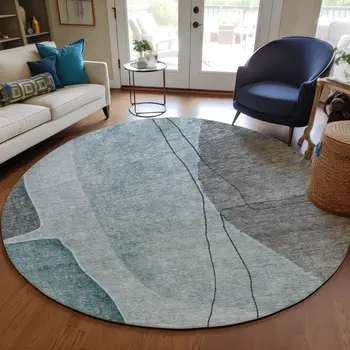 8' Teal Blue Aqua And Gray Round Abstract Washable Indoor Outdoor Area Rug