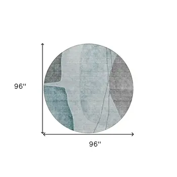8' Teal Blue Aqua And Gray Round Abstract Washable Indoor Outdoor Area Rug