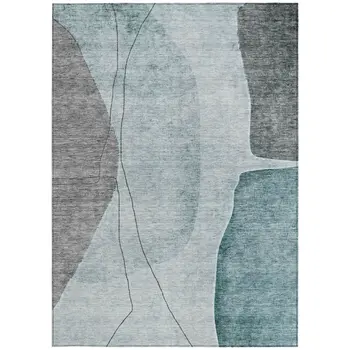 9' X 12' Teal Blue Aqua And Gray Abstract Washable Indoor Outdoor Area Rug
